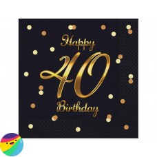 Serviete Happy Birthday 40 črne z zlatim napisom
